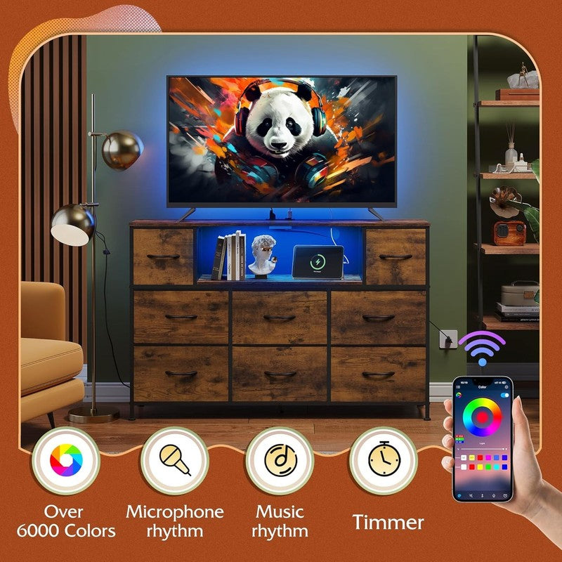 Rustic Brown TV Stand Dresser LED Lights Charging Station 8 Fabric Drawers Shelf3