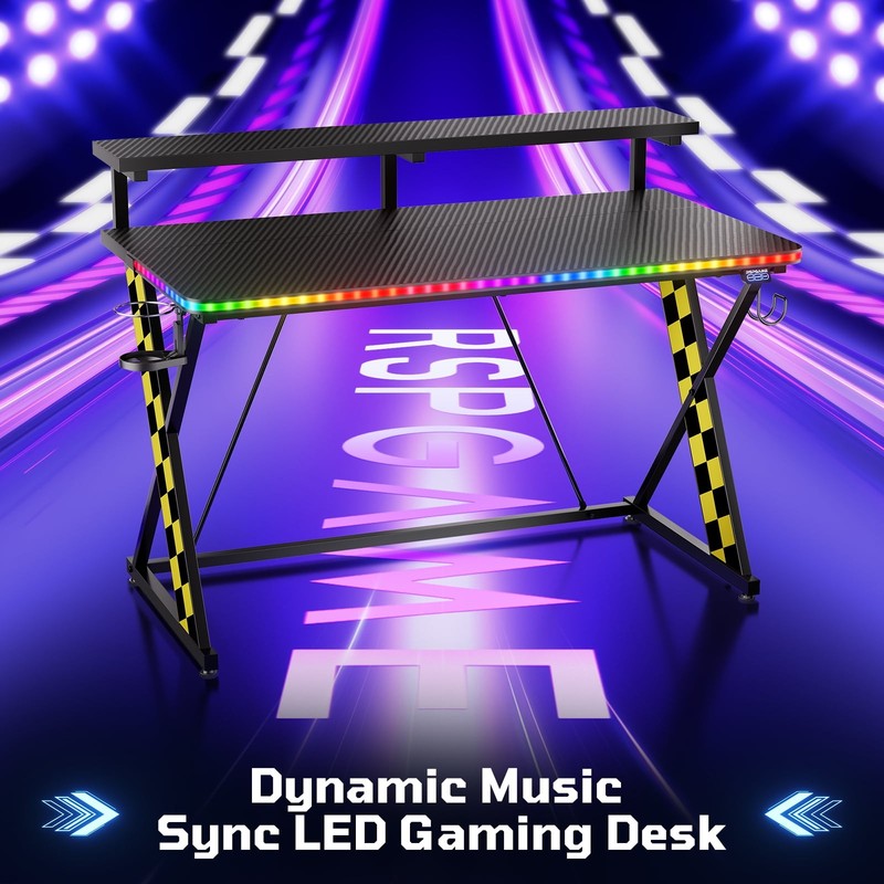43" X-Shaped Gaming Desk Music Sync LED with Monitor Stand Yellow Racing1