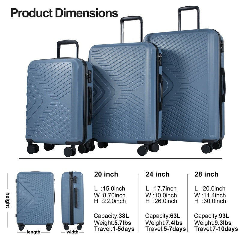 3Pc Hardside Luggage Set TSA Lock Spinner Wheels 20 24 28in Blue1