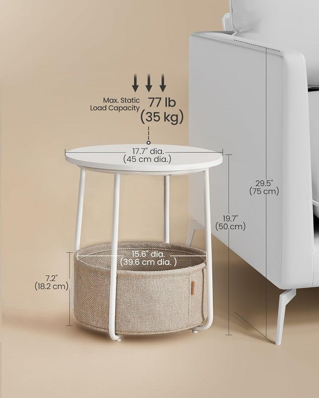 Small Round Side Table Nightstand with Fabric Basket Matte White Camel Brown2