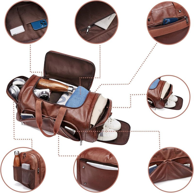 Leather Travel Duffle Bag Waterproof Weekender Shoe Compartment Gym Travel Bag1