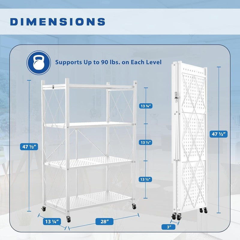 4 Tier Foldable Storage Shelf w Wheels Metal Rolling Rack Kitchen Pantry Office2