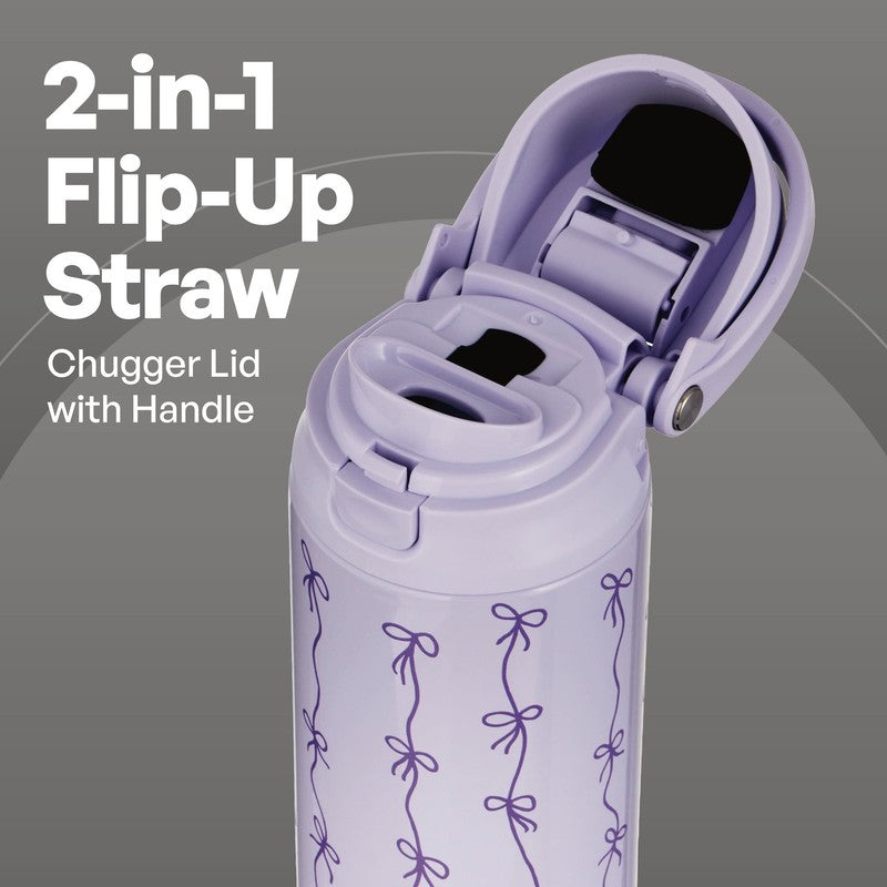 24oz Insulated Stainless Steel Water Bottle 2-in-1 Straw and Chug Lid Purple Bow1