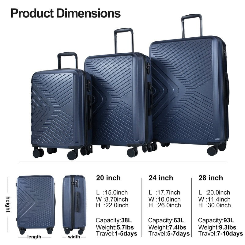3Pc Hardside Luggage Set TSA Lock Spinner Wheels 20 24 28in Navy Blue3