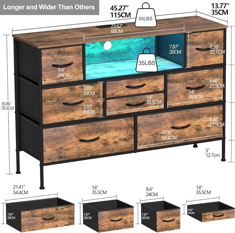 8 Drawer Dresser with Charging Station LED Light Fabric Drawers TV Stand Storage2