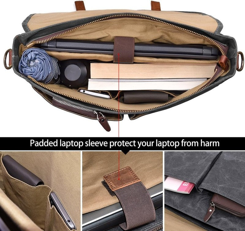 Men's 15.6" Waterproof Leather Canvas Laptop Messenger Bag Grey Satchel3