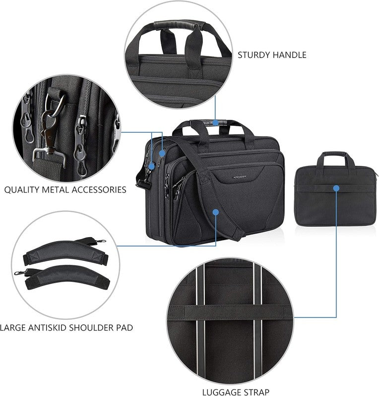 17.3" Laptop Bag Premium Expandable Water-Repellent Briefcase Shoulder Bag Black6
