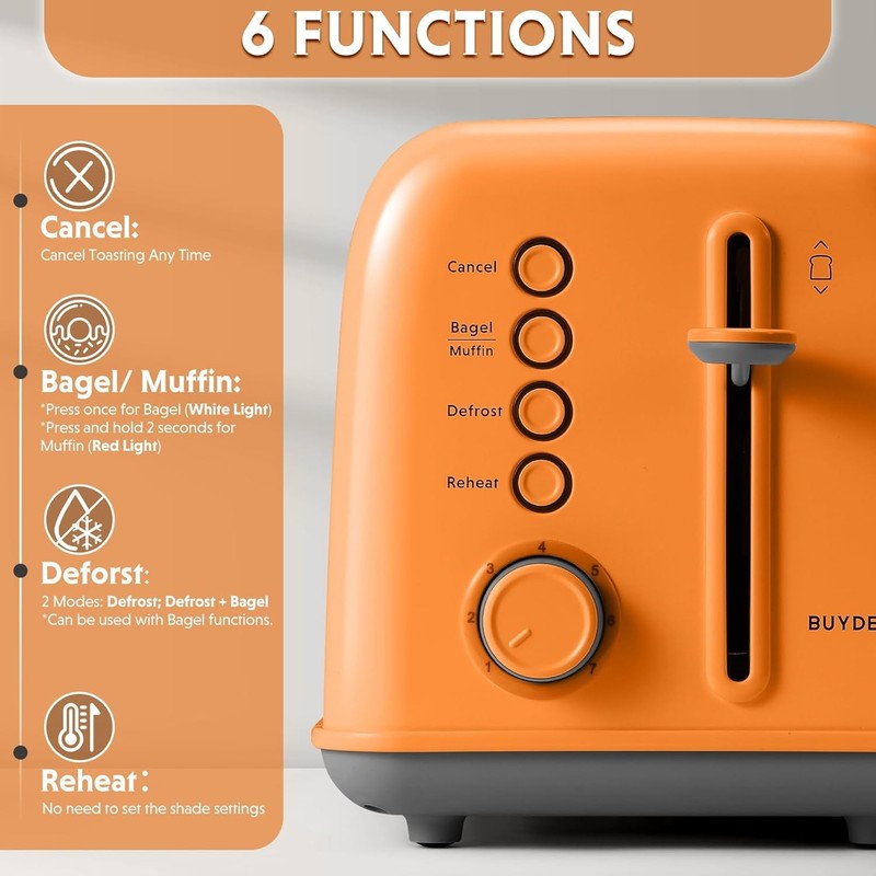 Retro 2 Slice Toaster Extra Wide Slots Stainless Steel 7 Shade Muffin Orange2