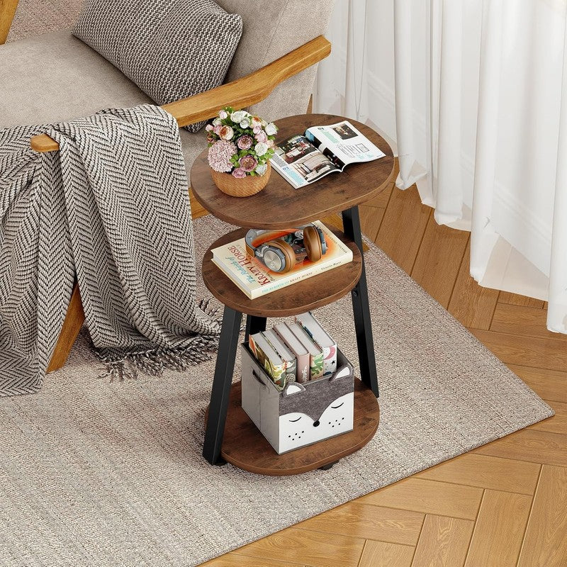 3-Tier Round Side Table Metal Frame Bedside End Table Brown5