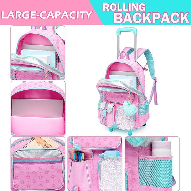 Kids Cute Rolling Backpacks for Girls Trolley School Bags Roller Backpack with W2