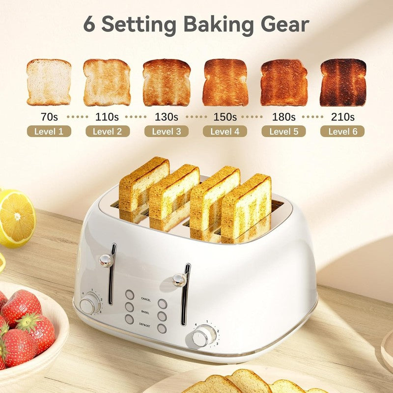 4-Slice Retro Toaster White 6 Shade Settings Cancel/Defrost/Reheat Wide Slots3