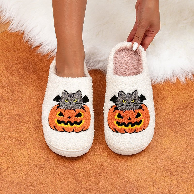 Ghost Print House Slippers Plush Warm Comfy for Women & Men Halloween2