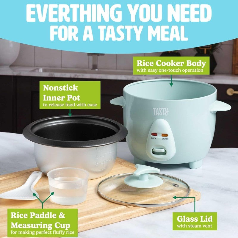 Tasty 2.5Qt Rice Cooker, Aqua – 6 Cups Cooked, Auto Keep Warm, Nonstick4