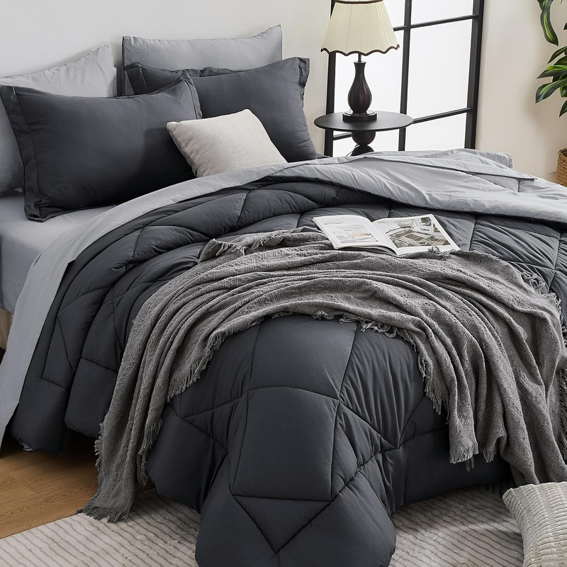 Queen Comforter Set 7 Piece Bed in Bag Soft Set Comforter Shams Dark Light Grey0