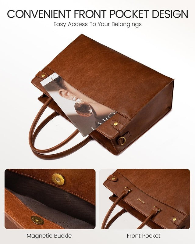 15.6" Laptop Tote Bag for Women Vintage Leather Waterproof Briefcase Brown2