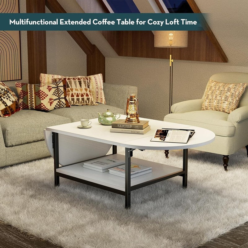 White 2 Tier Foldable Coffee Table with Storage, Modern Living Room Table5