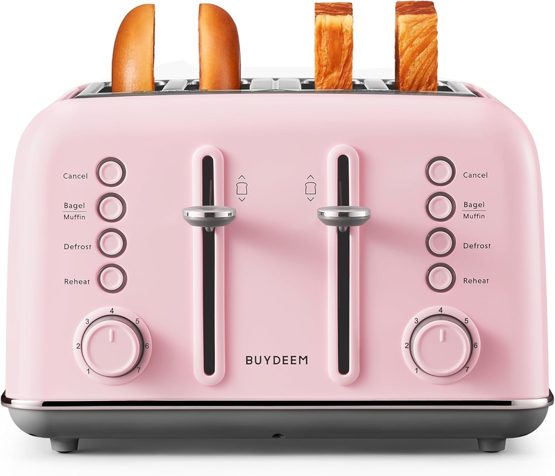 Retro 4 Slice Toaster 1800W Extra Wide Slots 7 Shade Bagel Muffin Stainless Pink0