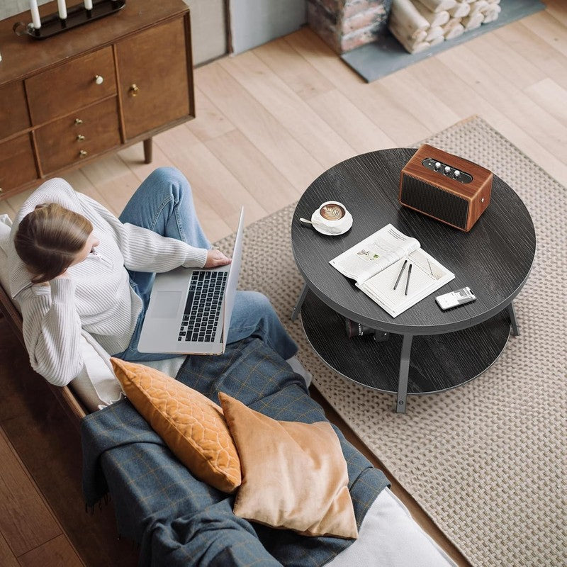 Round Coffee Table 2 Tier Industrial Modern Metal Frame 31.5in Black2