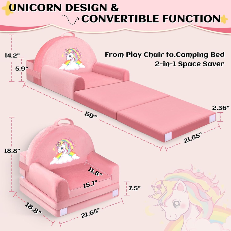 Unicorn Kids Foldable Sofa Bed w/ Washable Cover, Crystal Velvet Toddler Chair2
