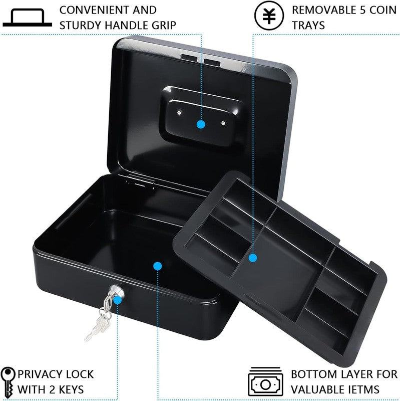 Secure Large Metal Cash Box with Lock & Tray - 9.84"x7.87"x3.54" Black2
