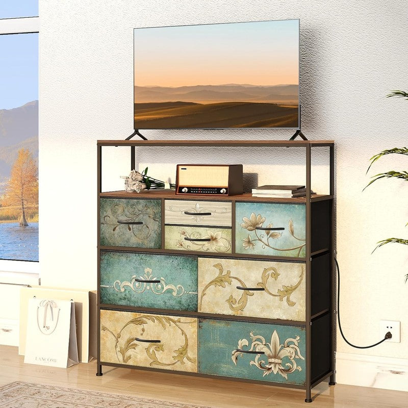 TV Stand Dresser with Power Outlet LED Light 8 Fabric Drawers Storage Chest1