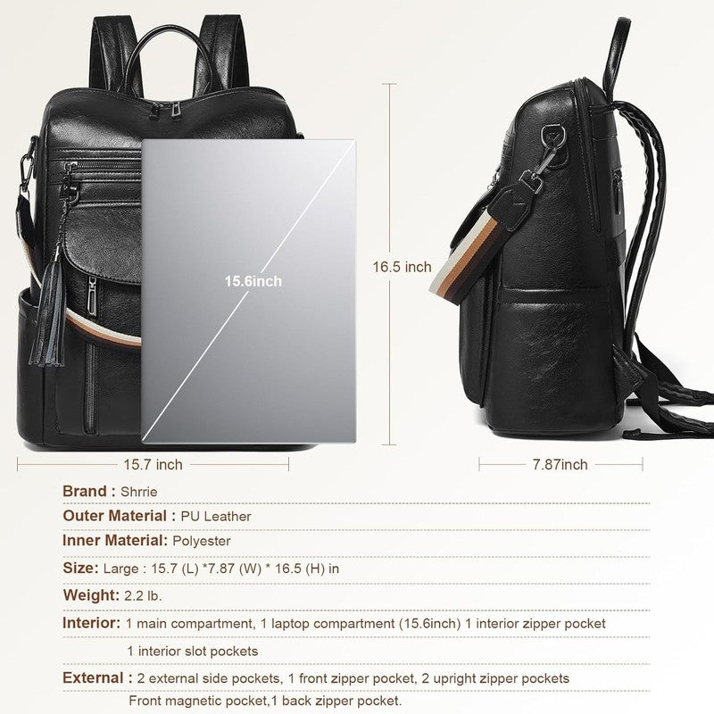 Women Laptop Backpack 15.6" Leather Travel Work Water Resistant Black2