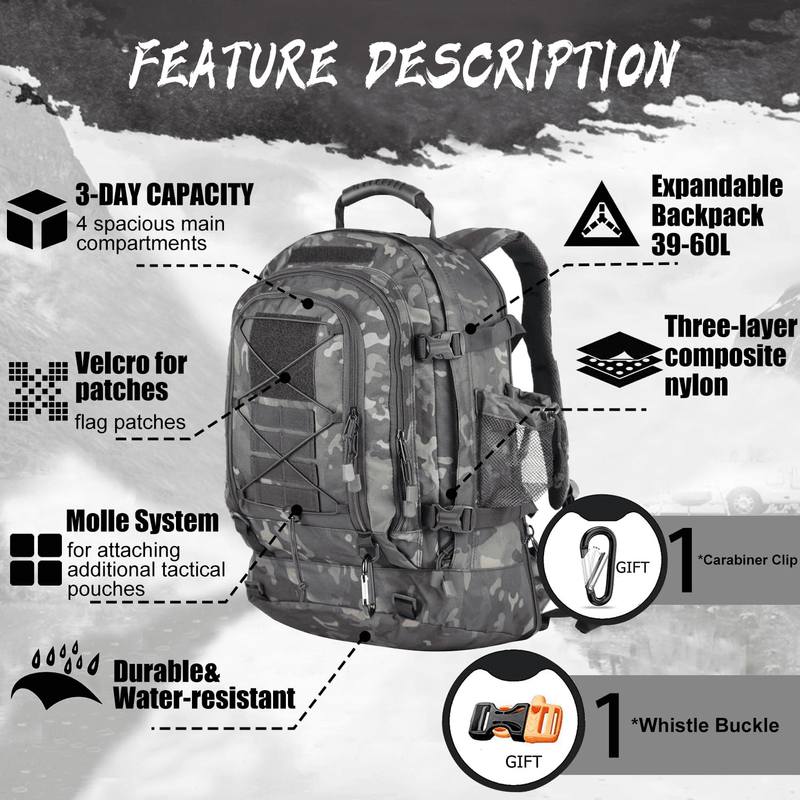 Expandable 40 64L Tactical Backpack 3 Day Assault Rucksack Water Resistant Digit2