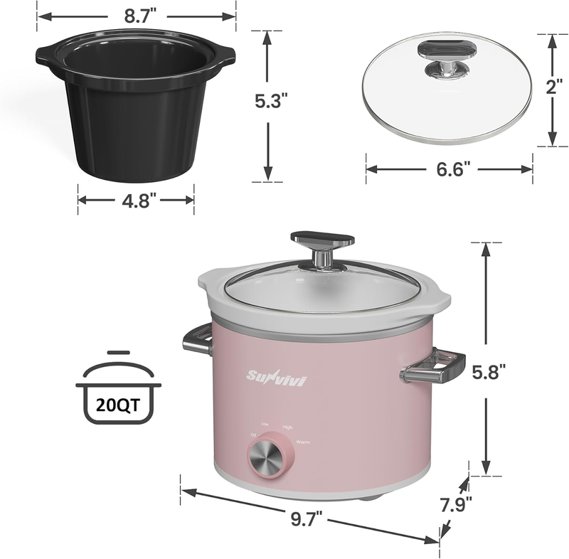 2Qt Slow Cooker Small Removable Ceramic 3-Setting Pink Food Warmer7