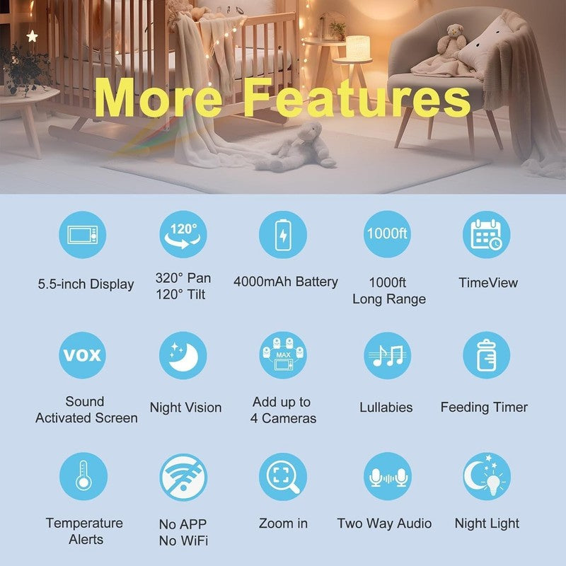 720P HD Baby Monitor with Camera, Audio, Night Light & 1000Ft Range2