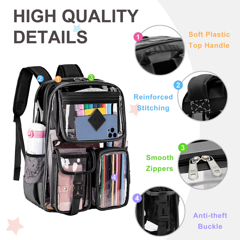 Large Clear Backpack Waterproof See Through School Bag Black1