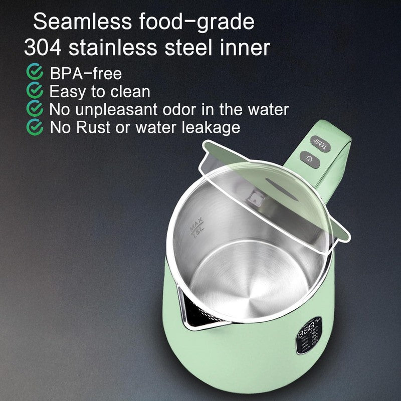 Electric Kettle 1.5L Stainless Steel Double Wall 5 Temp LED Keep Warm Green5