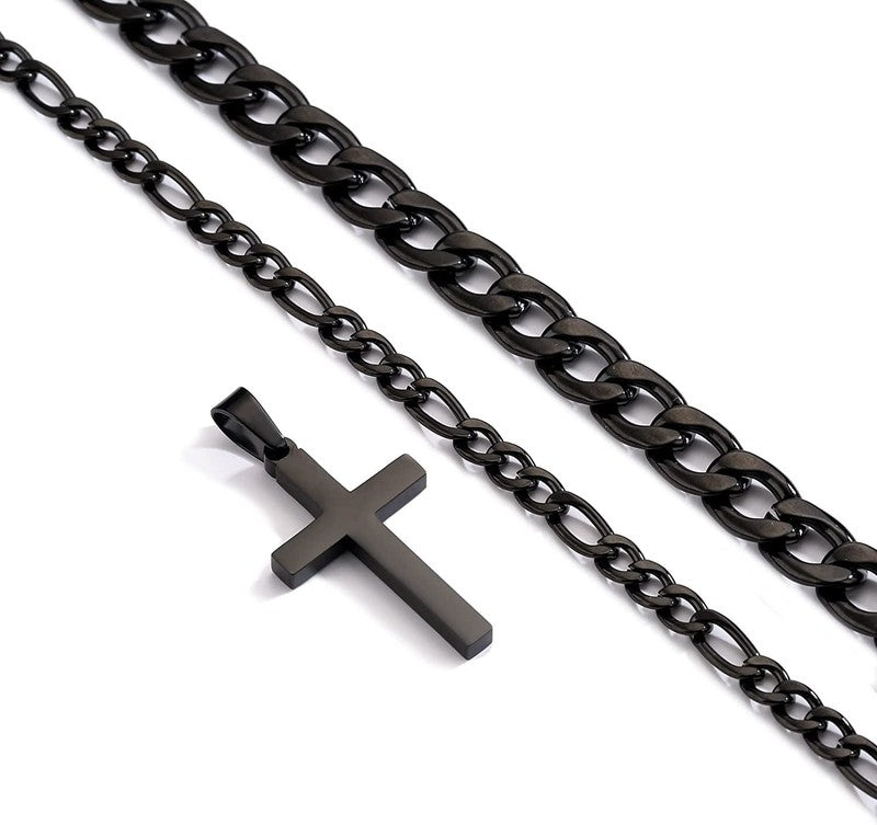 Layered Black Cross Necklaces for Men Cuban Figaro Chain Set Gift for Dad1