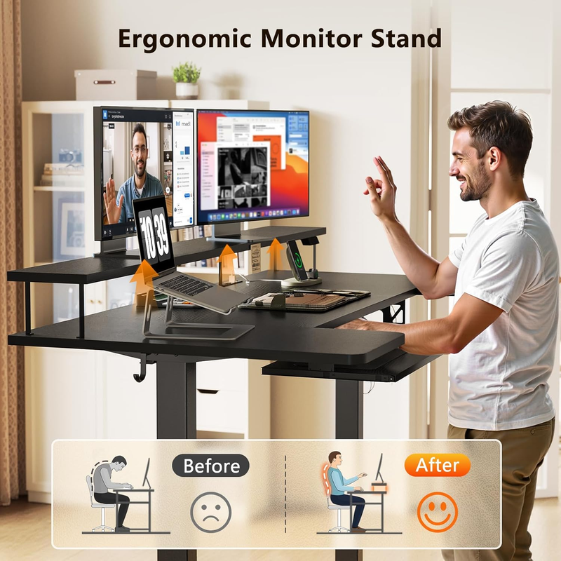 55" U Shaped Electric Standing Desk w/ Keyboard Tray LED Lights Black5