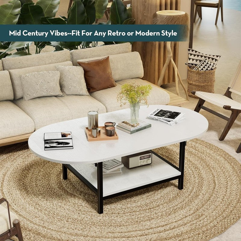 White 2 Tier Foldable Coffee Table with Storage, Modern Living Room Table4
