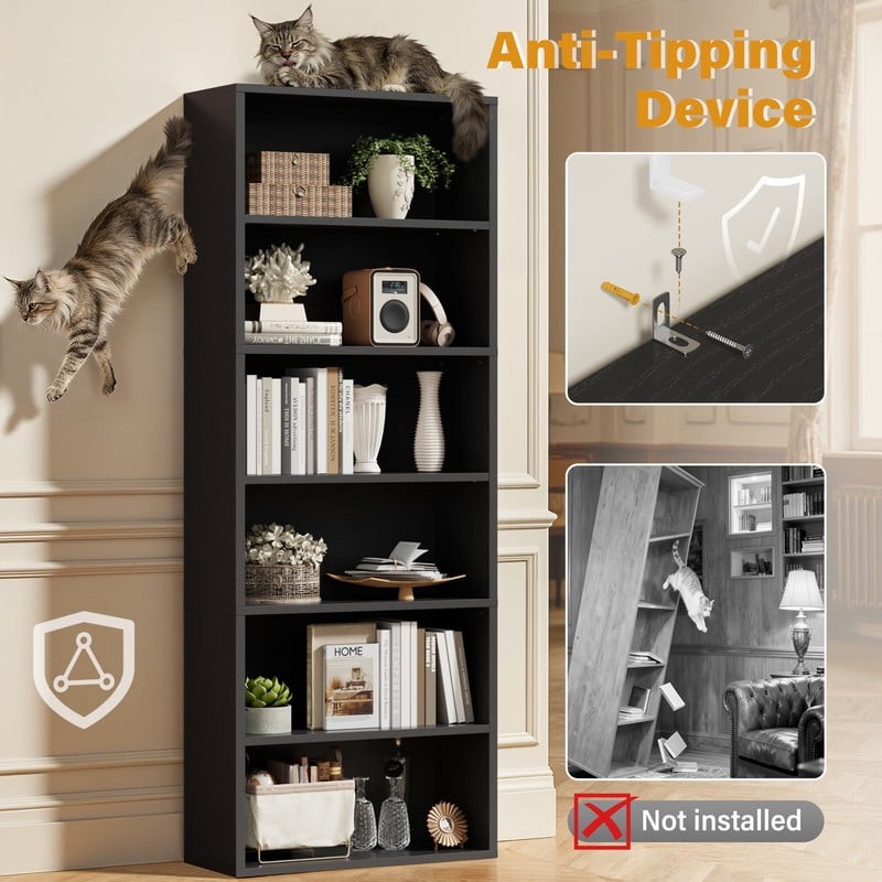 6-Shelf Standing Bookcase, Sturdy Storage for Home Office, Living Room,Black1