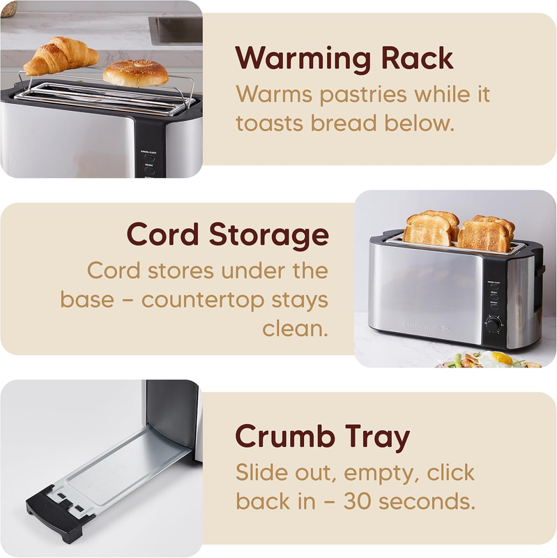 ECT 3100 4 Slice Long Slot Toaster Wide Slots Warming Rack Stainless6