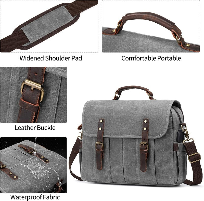 Men's 15.6" Vintage Canvas Leather Laptop Messenger Bag Light Gray Satchel6