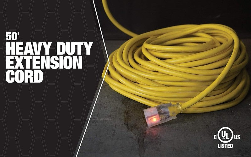 Heavy Duty 50ft Outdoor Extension Cord, 12 Gauge, 3 Prong, Yellow SJTW1