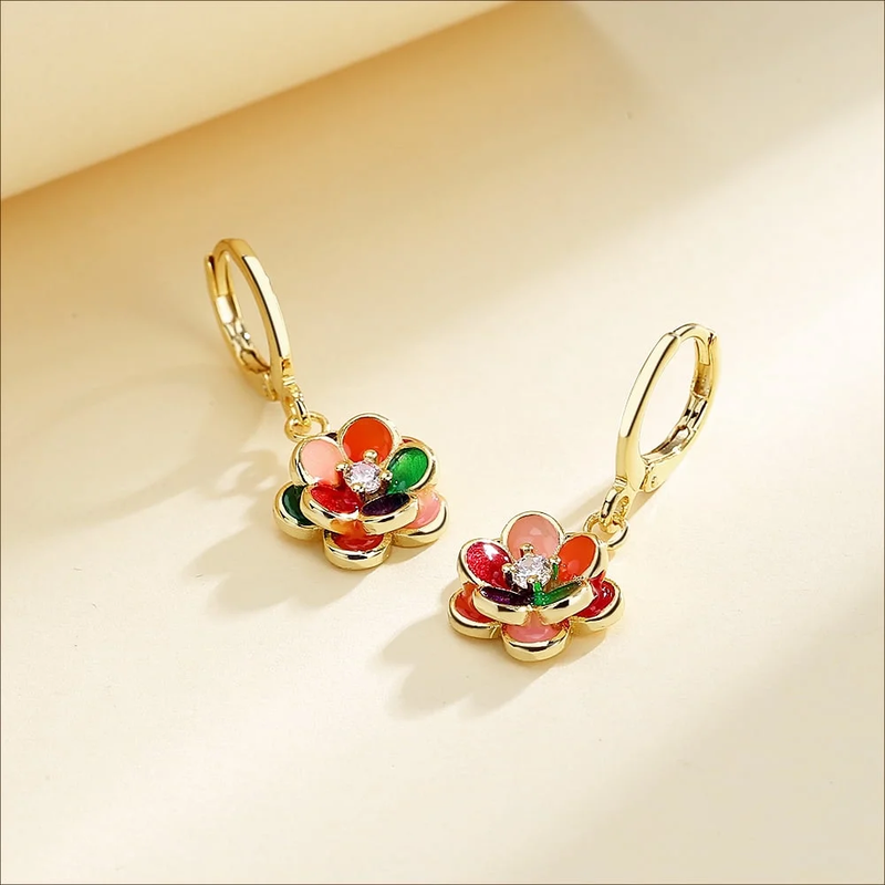 14K Gold Plated Floral Dangle Drop Earrings with Crystals1