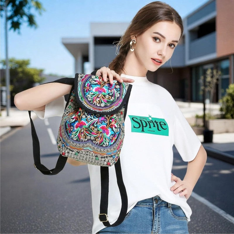 Women Embroidered Backpack Boho Floral Mini Travel Shoulder Bag Lightweight Red21
