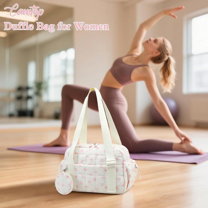 Mini Gym Bag Women Quilted Duffel Wet Compartment Coin Purse Beige Pink Bow6