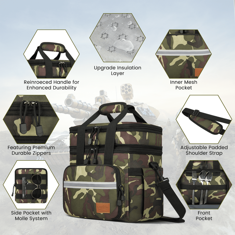 24L Insulated Lunch Bag Expandable Double Deck Cooler Tote Work Green Camo2