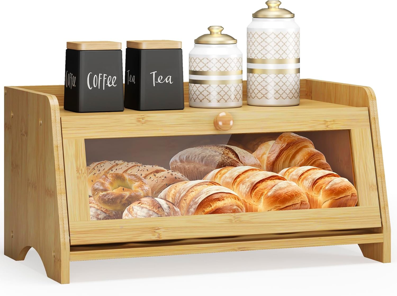 Bamboo Bread Box Large Wooden Farmhouse Bread Storage with Window9