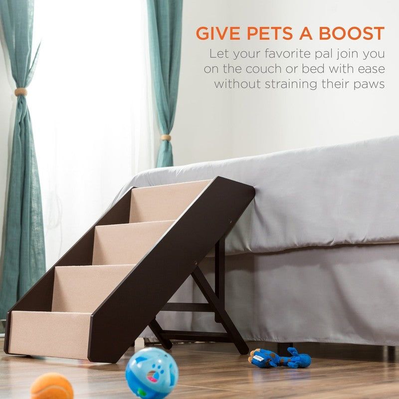 4 Step Foldable Adjustable, Wide Wooden Carpeted Pet Stairs for Injured, Elderly3