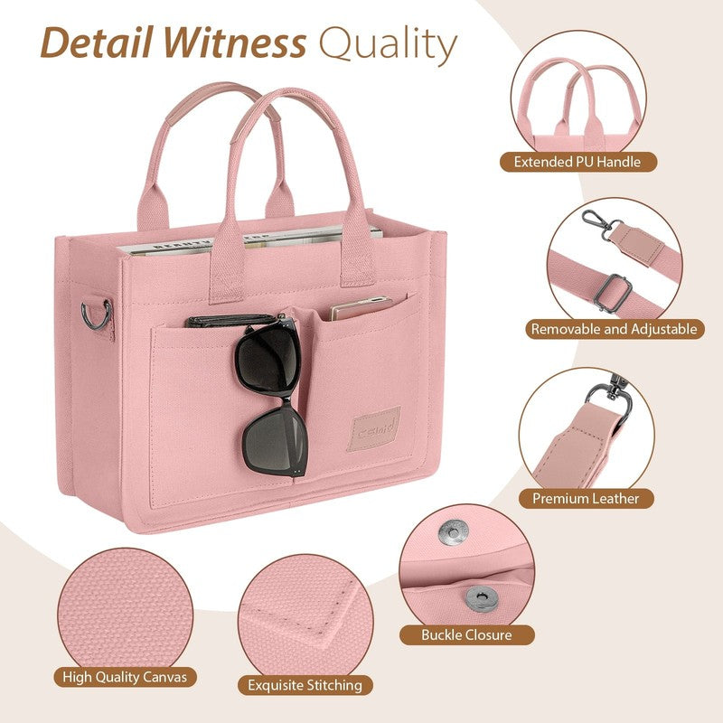 Canvas Tote Bag for Women with Pockets Laptop Work Crossbody Satchel Pink3