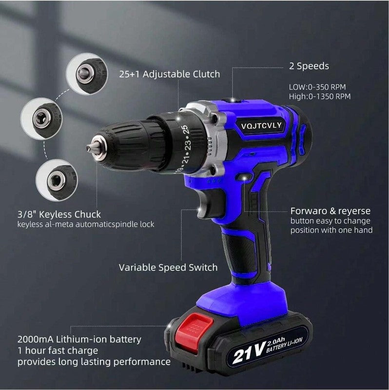 21V Cordless Drill Power Tool Set 25+1 Torque 2-Speed Electric Drill Blue1