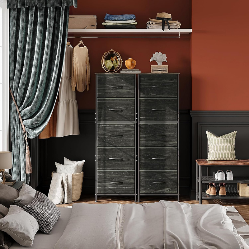 5 Drawer Fabric Dresser Storage Tower Steel Frame Wood Top Black3