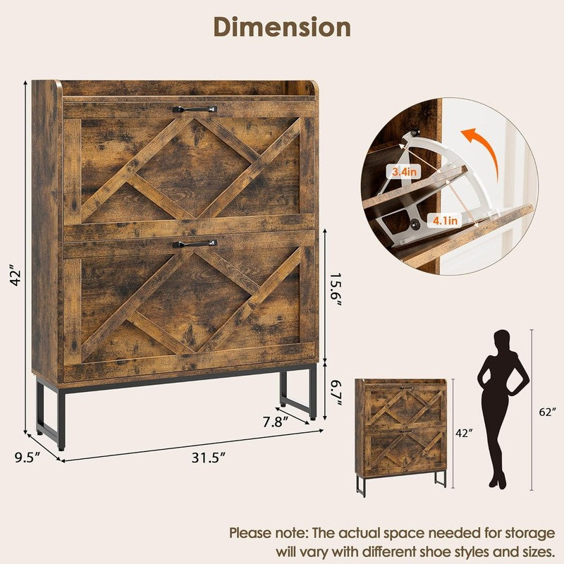 Shoe Cabinet 2 Flip Drawers Freestanding Slim Farmhouse Entryway Rustic Brown1
