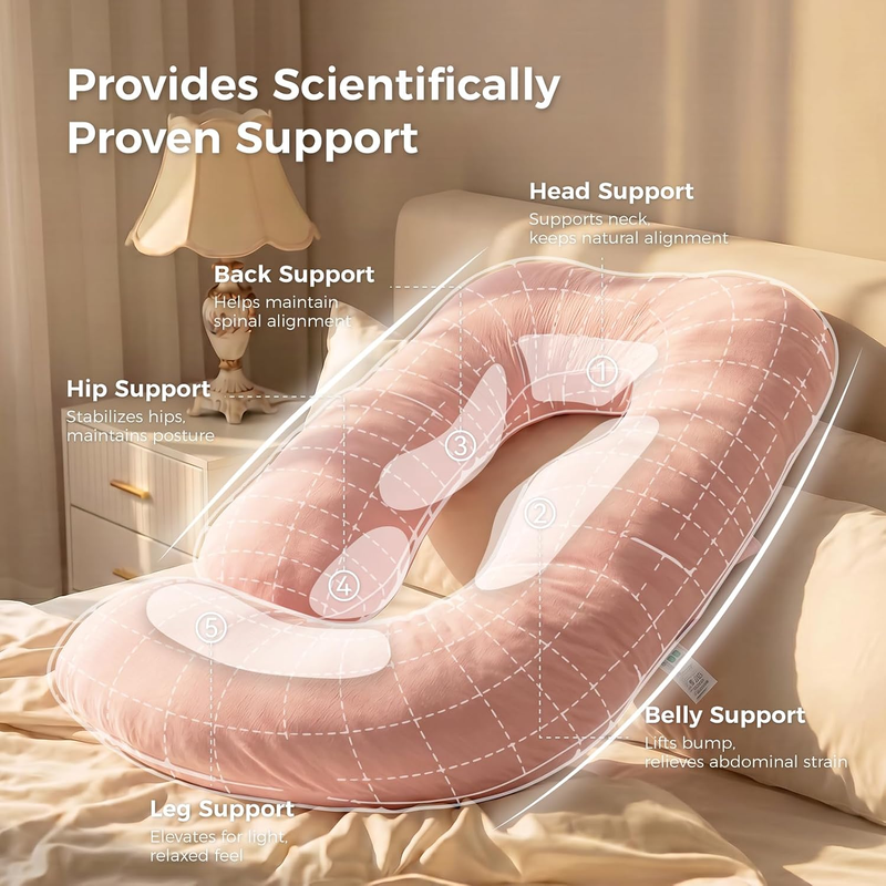 57in U Shaped Pregnancy Pillow Full Body Maternity Pillow Cotton Pink2
