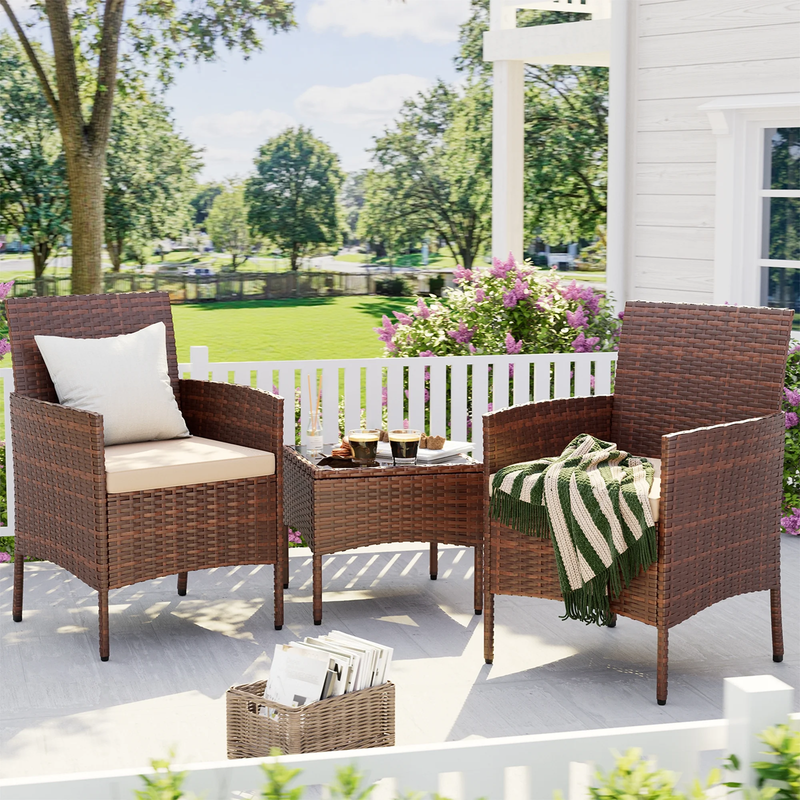 3 Pc Outdoor Patio Furniture Set Wicker Rattan Bistro Coffee Table Beige5